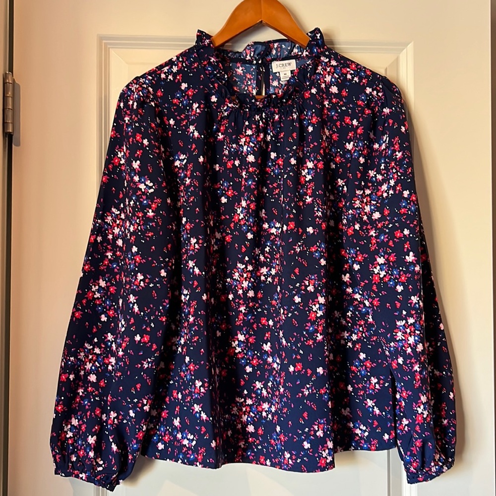 J Crew Navy Flower Print Blouse, M